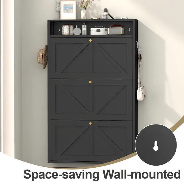 Alt view image 5 of 7 - Metal Shoe Cabinet with 3 Flip Drawers, Wall Mounted Shoe Organizer, Narrow Slim Hidden Shoe Rack for Entryway, Black