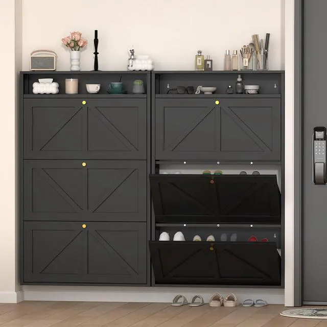 Main image of Metal Shoe Cabinet with 3 Flip Drawers, Wall Mounted Shoe Organizer, Narrow Slim Hidden Shoe Rack for Entryway, Black