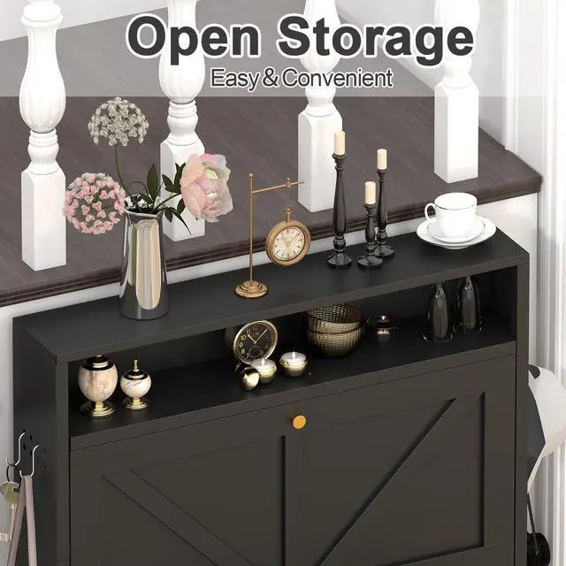 Alt view image 3 of 7 - Metal Shoe Cabinet with 3 Flip Drawers, Wall Mounted Shoe Organizer, Narrow Slim Hidden Shoe Rack for Entryway, Black