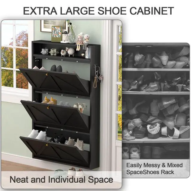 Alt view image 6 of 7 - Metal Shoe Cabinet with 3 Flip Drawers, Wall Mounted Shoe Organizer, Narrow Slim Hidden Shoe Rack for Entryway, Black