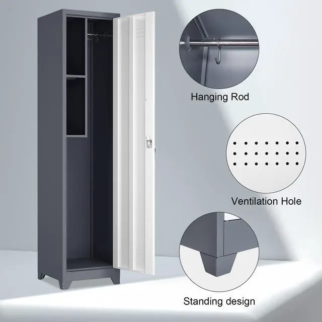 Alt view image 5 of 7 - Metal Broom Storage Cabinet, 65" Narrow Broom Cabinet With Hooks, Slim Bathroom Storage Cabinet With Shelves, Heavy-Duty Cleaning Storage Cabinet For Utility Room, Gym, Office, Garage, Utility Shelves