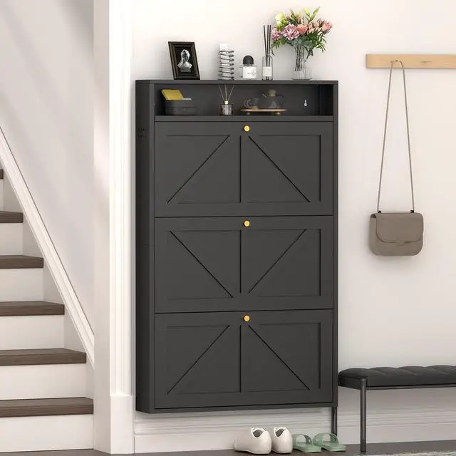 Alt view image 7 of 7 - Metal Shoe Cabinet with 3 Flip Drawers, Wall Mounted Shoe Organizer, Narrow Slim Hidden Shoe Rack for Entryway, Black