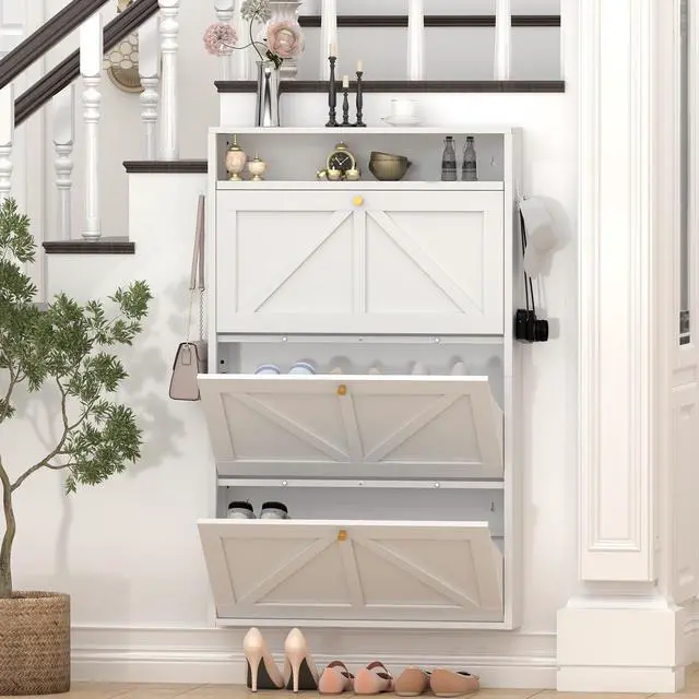 Alt view image 3 of 7 - Metal Shoe Cabinet with 3 Flip Drawers, Wall Mounted Shoe Organizer, Narrow Slim Hidden Shoe Rack for Entryway,White