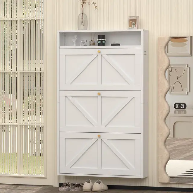 Alt view image 4 of 7 - Metal Shoe Cabinet with 3 Flip Drawers, Wall Mounted Shoe Organizer, Narrow Slim Hidden Shoe Rack for Entryway,White