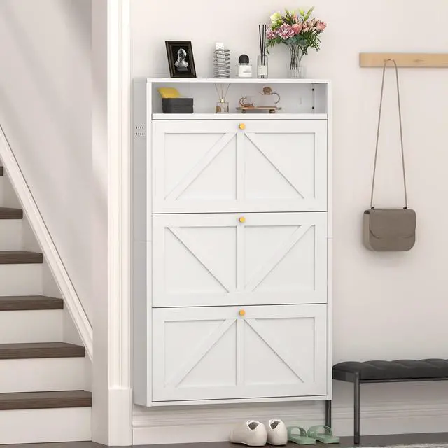 Alt view image 2 of 7 - Metal Shoe Cabinet with 3 Flip Drawers, Wall Mounted Shoe Organizer, Narrow Slim Hidden Shoe Rack for Entryway,White