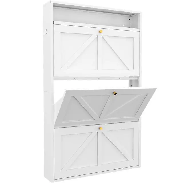 Alt view image 5 of 7 - Metal Shoe Cabinet with 3 Flip Drawers, Wall Mounted Shoe Organizer, Narrow Slim Hidden Shoe Rack for Entryway,White