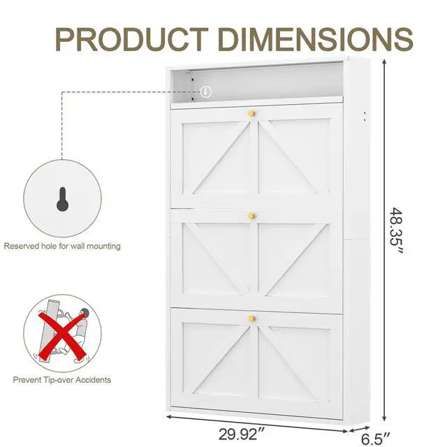 Alt view image 6 of 7 - Metal Shoe Cabinet with 3 Flip Drawers, Wall Mounted Shoe Organizer, Narrow Slim Hidden Shoe Rack for Entryway,White