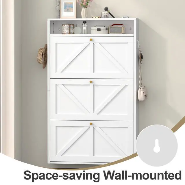 Alt view image 7 of 7 - Metal Shoe Cabinet with 3 Flip Drawers, Wall Mounted Shoe Organizer, Narrow Slim Hidden Shoe Rack for Entryway,White