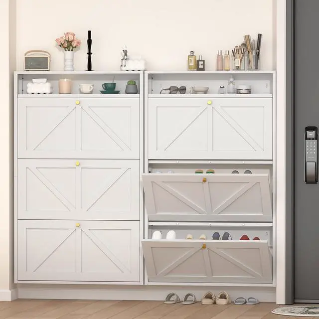 Main image of Metal Shoe Cabinet with 3 Flip Drawers, Wall Mounted Shoe Organizer, Narrow Slim Hidden Shoe Rack for Entryway,White