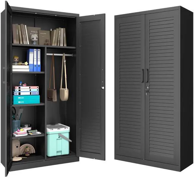 Main image of Wide & Deep Metal Storage Cabinet with Hanging Rod,Black Broom Closet Storage Cabinet with Lock, Tall Wardrobe Cabinets with Doors and Shelves,Locking Steel Tool Cabinets for Home,Office,Garage