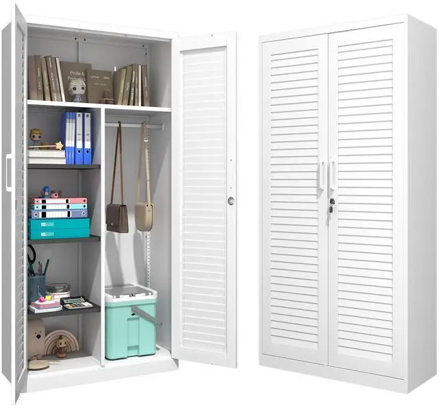 Main image of Wide & Deep Metal Storage Cabinet with Hanging Rod,Black Broom Closet Storage Cabinet with Lock, Tall Wardrobe Cabinets with Doors and Shelves,Locking Steel Tool Cabinets for Home,Office,Garage