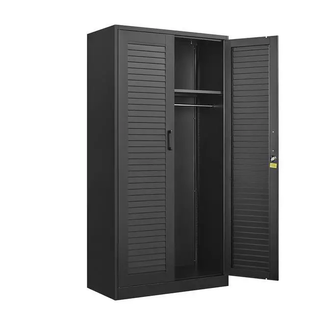 Alt view image 4 of 7 - Wide & Deep Metal Storage Cabinet with Hanging Rod,Black Broom Closet Storage Cabinet with Lock, Tall Wardrobe Cabinets with Doors and Shelves,Locking Steel Tool Cabinets for Home,Office,Garage