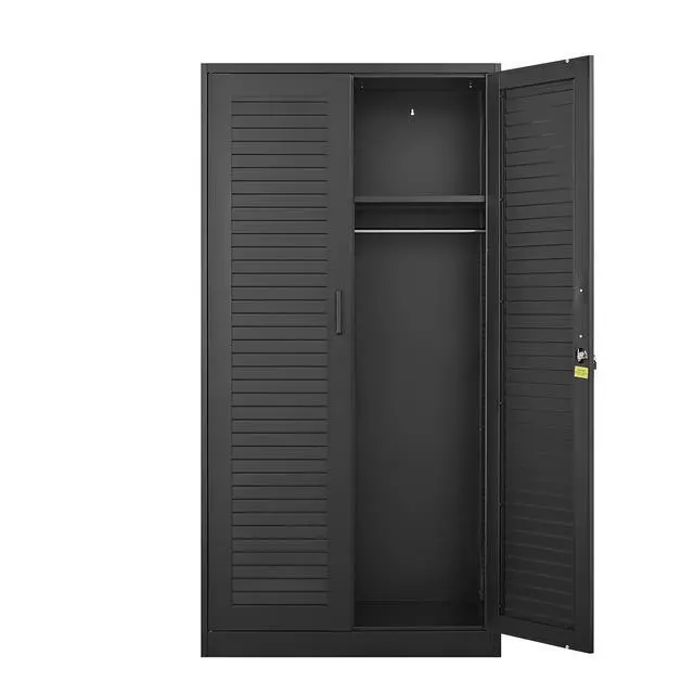 Alt view image 5 of 7 - Wide & Deep Metal Storage Cabinet with Hanging Rod,Black Broom Closet Storage Cabinet with Lock, Tall Wardrobe Cabinets with Doors and Shelves,Locking Steel Tool Cabinets for Home,Office,Garage