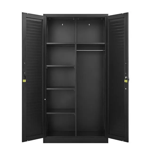 Alt view image 6 of 7 - Wide & Deep Metal Storage Cabinet with Hanging Rod,Black Broom Closet Storage Cabinet with Lock, Tall Wardrobe Cabinets with Doors and Shelves,Locking Steel Tool Cabinets for Home,Office,Garage