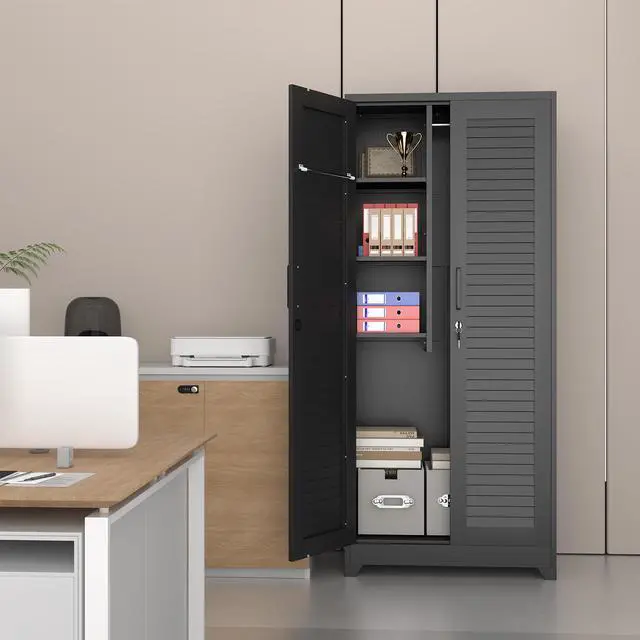 Main image of Metal Broom Closet, Garage Storage Cabinet, Tool Chest Bathroom Cabinet with Locking Doors and Wheels, Tall Utility Cabinet with Hanging Rod, Freestanding Storage Cabinet for Cleaning Supplies
