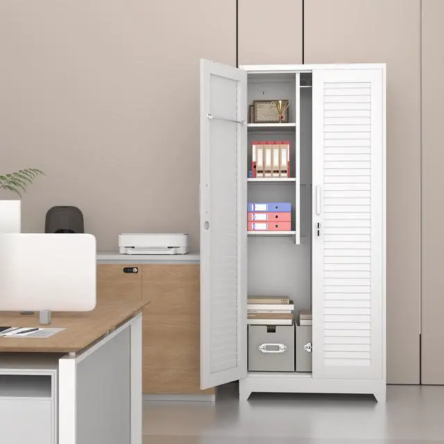 Main image of Metal Broom Closet, Garage Storage Cabinet, Tool Chest Bathroom Cabinet with Locking Doors and Wheels, Tall Utility Cabinet with Hanging Rod, Freestanding Storage Cabinet for Cleaning Supplies
