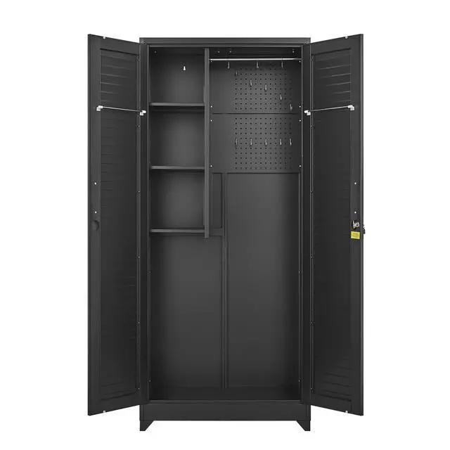 Alt view image 2 of 4 - Metal Broom Closet, Garage Storage Cabinet, Tool Chest Bathroom Cabinet with Locking Doors and Wheels, Tall Utility Cabinet with Hanging Rod, Freestanding Storage Cabinet for Cleaning Supplies