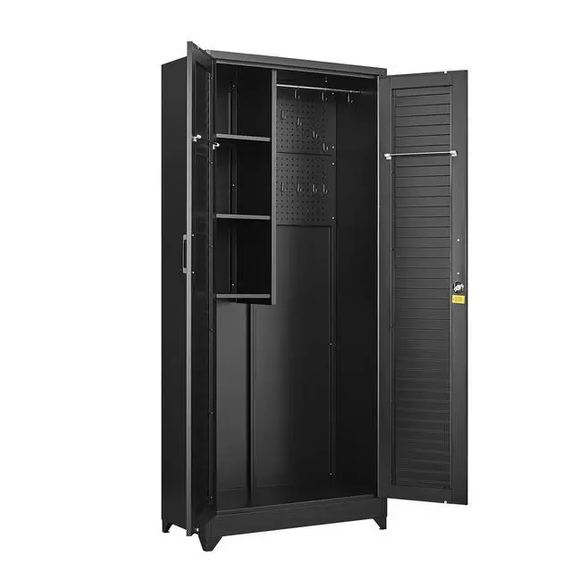 Alt view image 4 of 4 - Metal Broom Closet, Garage Storage Cabinet, Tool Chest Bathroom Cabinet with Locking Doors and Wheels, Tall Utility Cabinet with Hanging Rod, Freestanding Storage Cabinet for Cleaning Supplies