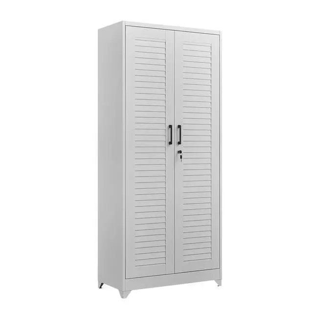 Alt view image 3 of 7 - Metal Broom Closet, Garage Storage Cabinet, Tool Chest Bathroom Cabinet with Locking Doors and Wheels, Tall Utility Cabinet with Hanging Rod, Freestanding Storage Cabinet for Cleaning Supplies