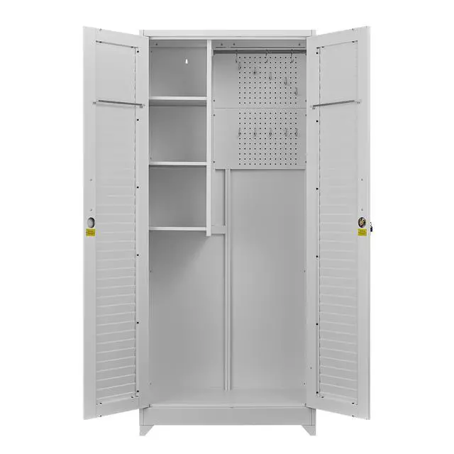 Alt view image 4 of 7 - Metal Broom Closet, Garage Storage Cabinet, Tool Chest Bathroom Cabinet with Locking Doors and Wheels, Tall Utility Cabinet with Hanging Rod, Freestanding Storage Cabinet for Cleaning Supplies
