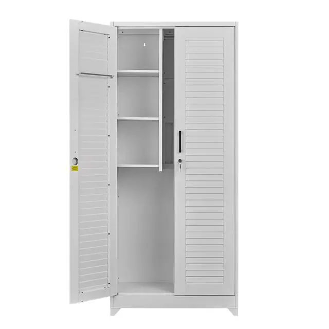 Alt view image 7 of 7 - Metal Broom Closet, Garage Storage Cabinet, Tool Chest Bathroom Cabinet with Locking Doors and Wheels, Tall Utility Cabinet with Hanging Rod, Freestanding Storage Cabinet for Cleaning Supplies