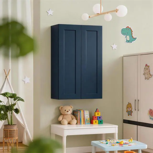 Alt view image 2 of 7 - 27" Navy Blue Shaker Wall Cabinet Solid Wood with 3 Adjustable Shelves Ready-to-Assemble for Kitchen, Bathroom, Laundry, and Garage Storage (27"W×12"D×42"H)