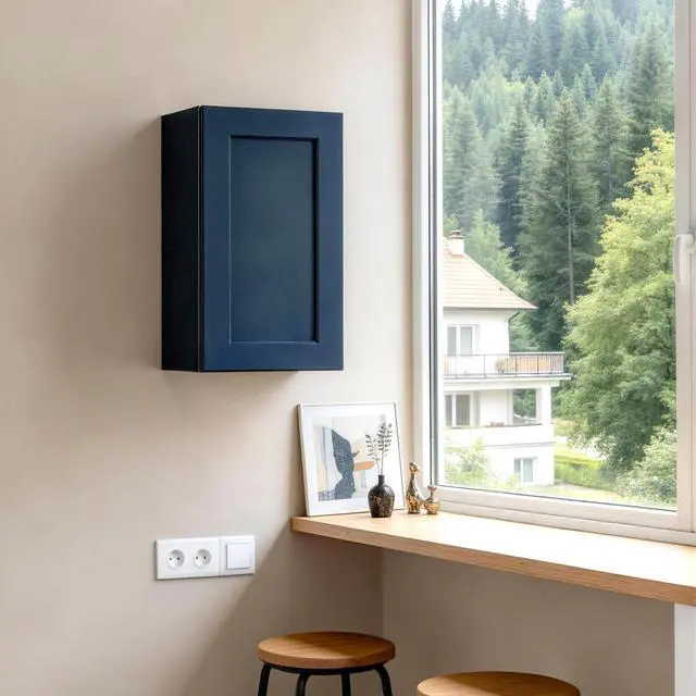 Alt view image 2 of 7 - 18" Navy Blue Shaker Wall Cabinet Solid Wood with 2 Adjustable Shelves Ready-to-Assemble for Kitchen, Bathroom, Laundry, and Garage Storage (18"W×12"D×30"H)