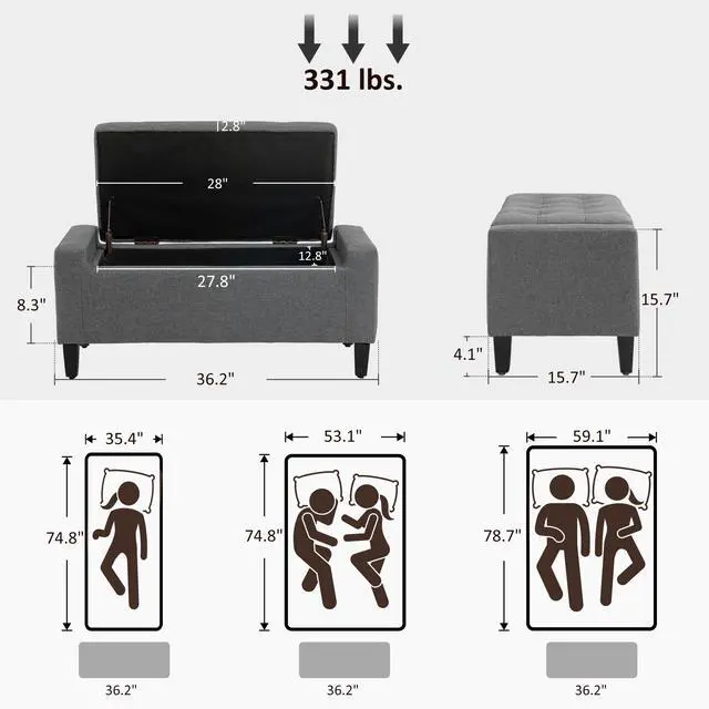 Alt view image 3 of 7 - Upholstered Entryway Bench with Seating,Storage Ottoman Bench,with Lift Top and Rubberwood Legs