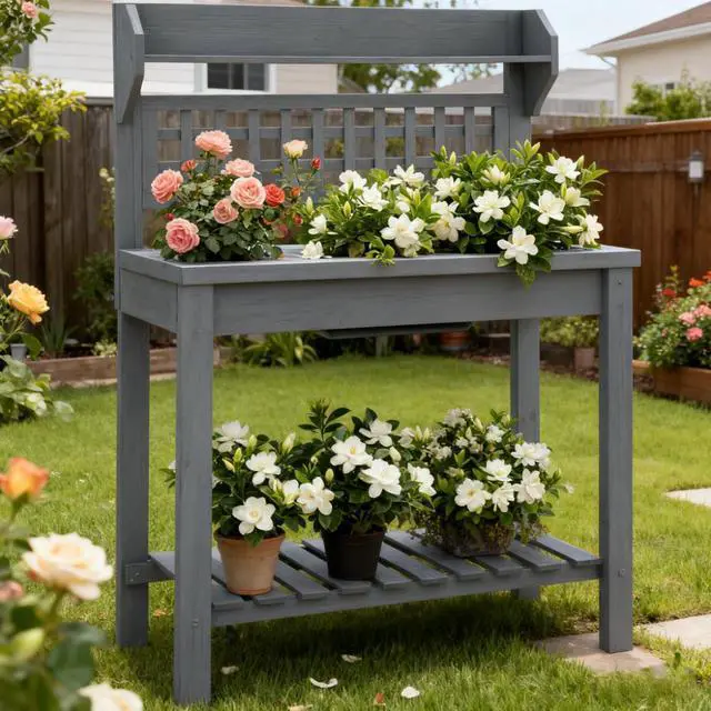 Main image of Wooden Workstation,Outdoor Potting Bench Table,with Sliding Tabletop,Storage Shelf and Dry Sink,for Greenhouse,Garden,Patio