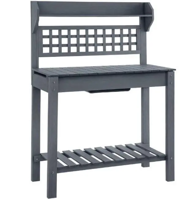 Alt view image 2 of 7 - Wooden Workstation,Outdoor Potting Bench Table,with Sliding Tabletop,Storage Shelf and Dry Sink,for Greenhouse,Garden,Patio