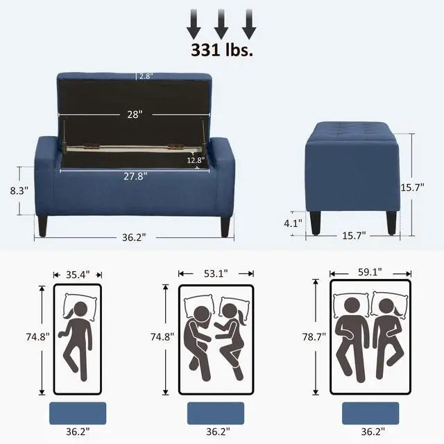 Alt view image 3 of 7 - Storage Ottoman Bench,Upholstered Entryway Bench with Seating,with Lift Top and Rubberwood Legs