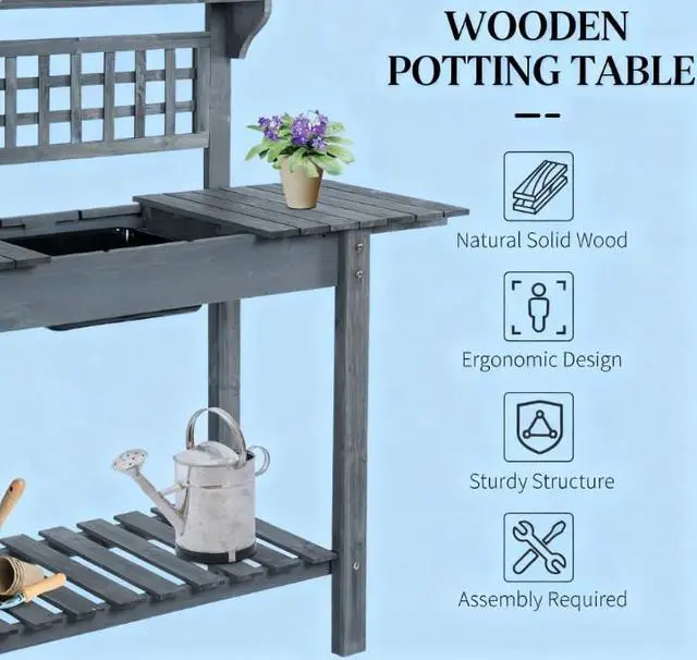 Alt view image 4 of 7 - Wooden Workstation,Outdoor Potting Bench Table,with Sliding Tabletop,Storage Shelf and Dry Sink,for Greenhouse,Garden,Patio