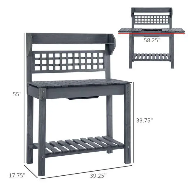Alt view image 3 of 7 - Wooden Workstation,Outdoor Potting Bench Table,with Sliding Tabletop,Storage Shelf and Dry Sink,for Greenhouse,Garden,Patio