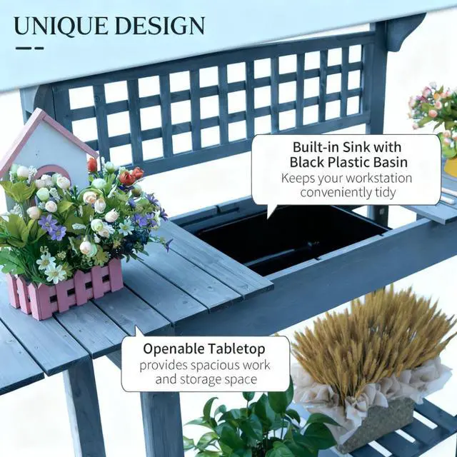 Alt view image 5 of 7 - Wooden Workstation,Outdoor Potting Bench Table,with Sliding Tabletop,Storage Shelf and Dry Sink,for Greenhouse,Garden,Patio
