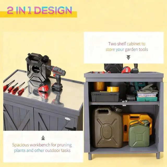 Alt view image 4 of 7 - Tool Shed,Outdoor Storage Cabinet,with Galvanized Top and Two Shelves for Yard Tools or Pool Accessories