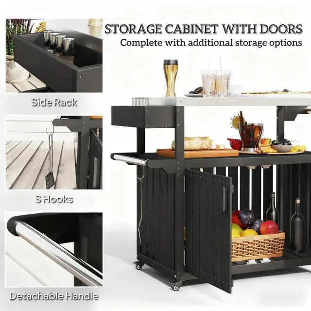 Alt view image 7 of 7 - Outdoor Bar Table Top,Outdoor Bar Cart with Storage,Wheeled Kitchen Island for Food Prep