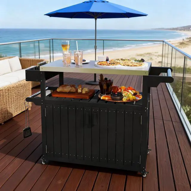 Alt view image 4 of 7 - Outdoor Bar Table Top,Outdoor Bar Cart with Storage,Wheeled Kitchen Island for Food Prep