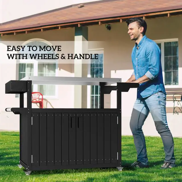 Alt view image 6 of 7 - Outdoor Bar Table Top,Outdoor Bar Cart with Storage,Wheeled Kitchen Island for Food Prep