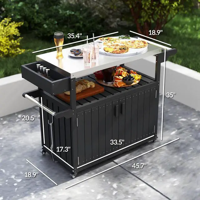 Alt view image 3 of 7 - Outdoor Bar Table Top,Outdoor Bar Cart with Storage,Wheeled Kitchen Island for Food Prep