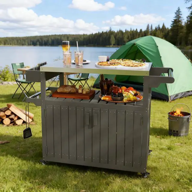 Alt view image 4 of 7 - Convenient Outdoor Table Top,Outdoor Bar Cart with Storage,Wheeled Kitchen Island for Food Prep