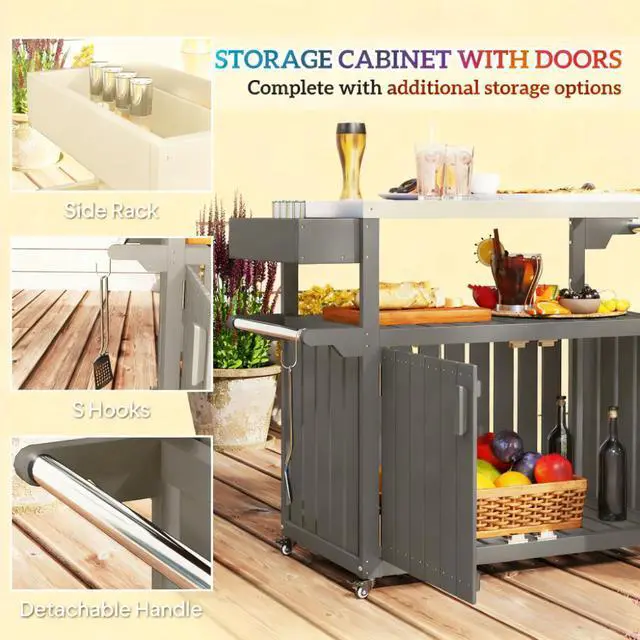 Alt view image 6 of 7 - Convenient Outdoor Table Top,Outdoor Bar Cart with Storage,Wheeled Kitchen Island for Food Prep
