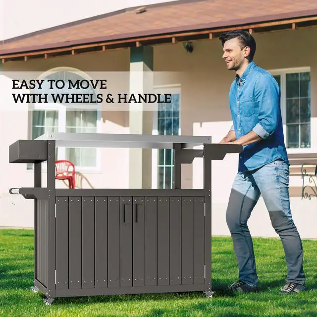 Alt view image 5 of 7 - Convenient Outdoor Table Top,Outdoor Bar Cart with Storage,Wheeled Kitchen Island for Food Prep