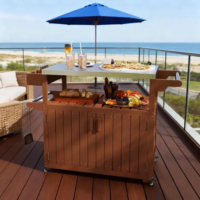 Alt view image 4 of 7 - Easy to Move Outdoor Table Top,Outdoor Bar Cart with Storage,Wheeled Kitchen Island for Food Prep