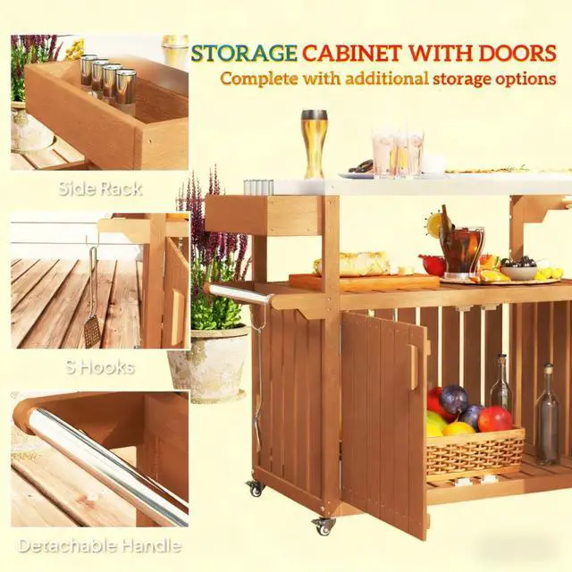 Alt view image 7 of 7 - Easy to Move Outdoor Table Top,Outdoor Bar Cart with Storage,Wheeled Kitchen Island for Food Prep