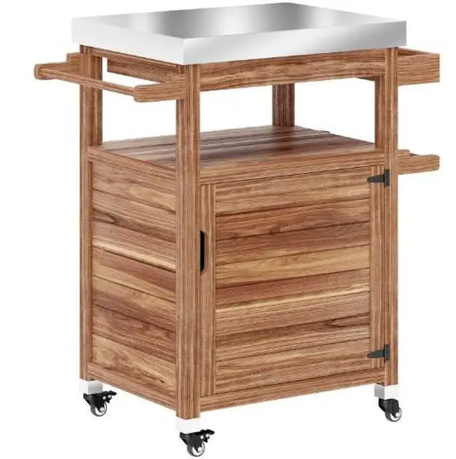 Alt view image 2 of 7 - Solid Wood Outdoor Kitchen Island,Outdoor Grill Cart with Stainless Steel Top,Wheels,Drawer,Side Handle