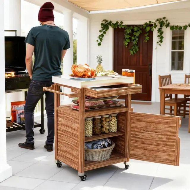 Alt view image 4 of 7 - Solid Wood Outdoor Kitchen Island,Outdoor Grill Cart with Stainless Steel Top,Wheels,Drawer,Side Handle