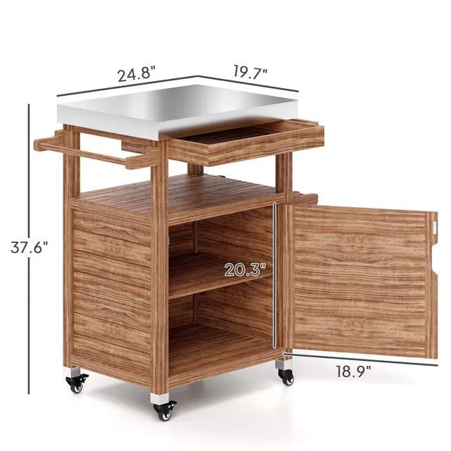 Alt view image 3 of 7 - Solid Wood Outdoor Kitchen Island,Outdoor Grill Cart with Stainless Steel Top,Wheels,Drawer,Side Handle