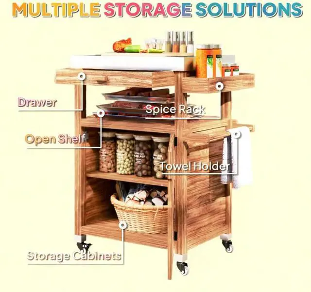 Alt view image 6 of 7 - Solid Wood Outdoor Kitchen Island,Outdoor Grill Cart with Stainless Steel Top,Wheels,Drawer,Side Handle