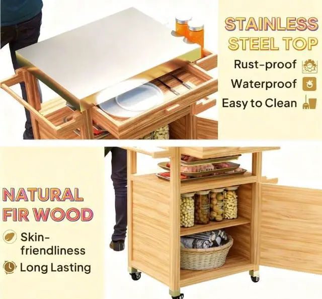 Alt view image 7 of 7 - Solid Wood Outdoor Kitchen Island,Outdoor Grill Cart with Stainless Steel Top,Wheels,Drawer,Side Handle