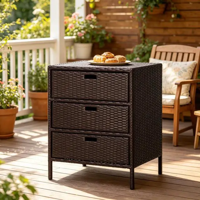 Alt view image 2 of 7 - Outdoor Towel Rack,3 Drawers Cabinet Organizer,Rattan Storage Cabinet